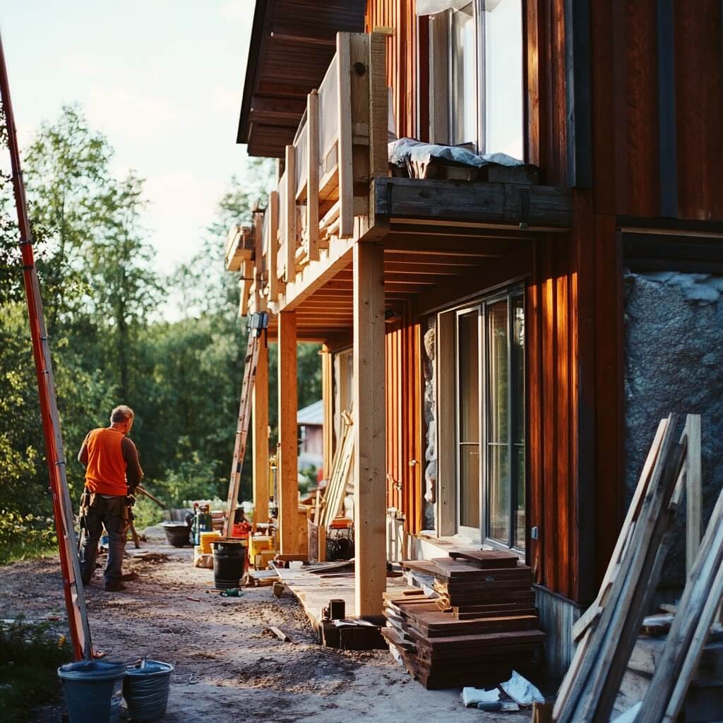En person i en orange skjorta står nära ett trähus under uppbyggnad, omgiven av byggmaterial och verktyg, med träd synliga i bakgrunden.