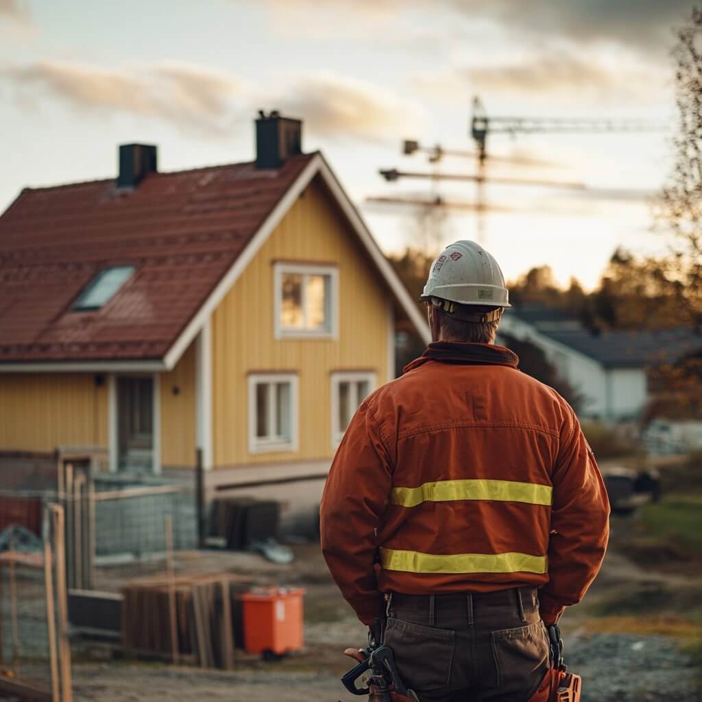 En byggnadsarbetare i en orange säkerhetsväst och hjälm granskar ritningar medan han står framför en byggnad under en entreprenadbesiktning