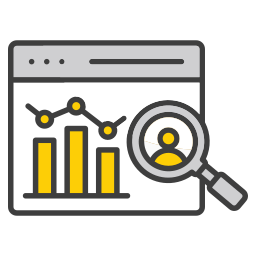 Ikon som visar dataanalys, som visar ett linjediagram med datapunkter, ett stapeldiagram och ett förstoringsglas som fokuserar på en personsymbol, perfekt för att öka SEO på din arbetsgivares målsida.