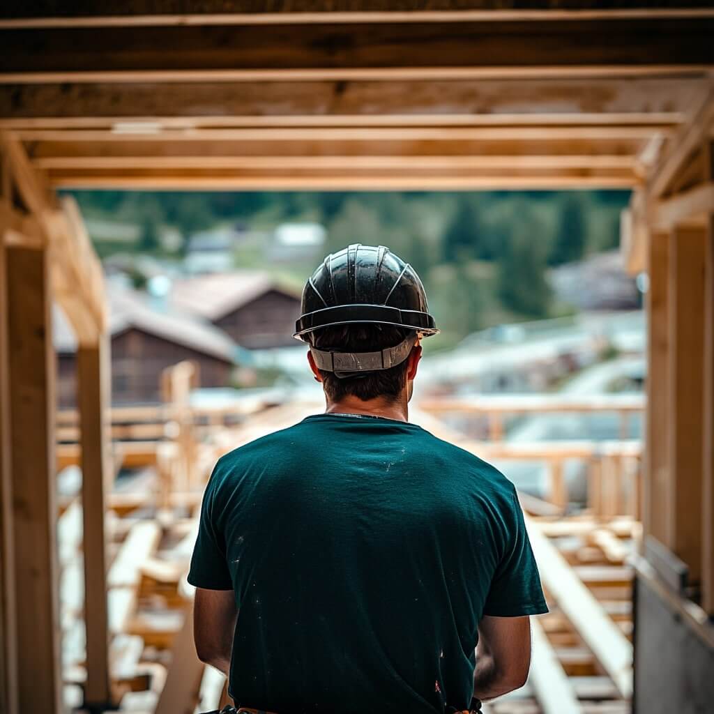 En person i en orange skjorta står nära ett trähus under uppbyggnad, omgiven av byggmaterial och verktyg, med träd synliga i bakgrunden.