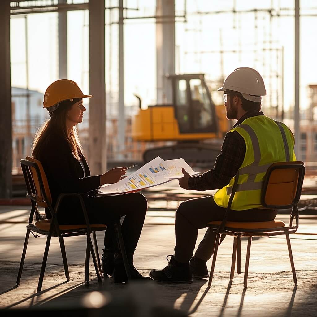 Två byggnadsproffs som bär hjälm sitter på stolar på en arbetsplats och diskuterar entreprenadavtalsdiagram och dokument, med en suddig grävmaskin i bakgrunden.