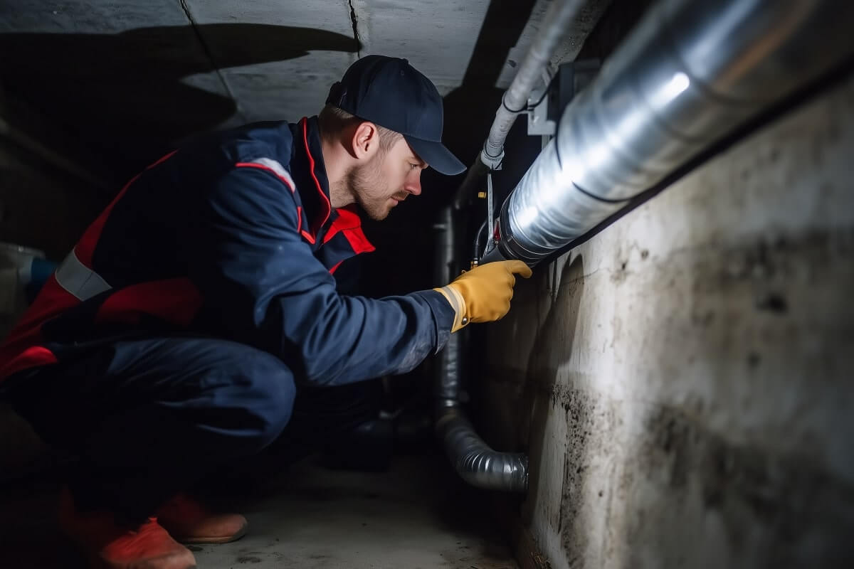 En arbetare i skyddsutrustning använder ett verktyg för att inspektera eller reparera metallrör under en besikta krypgrund i en svagt upplyst källare eller krypgrund.