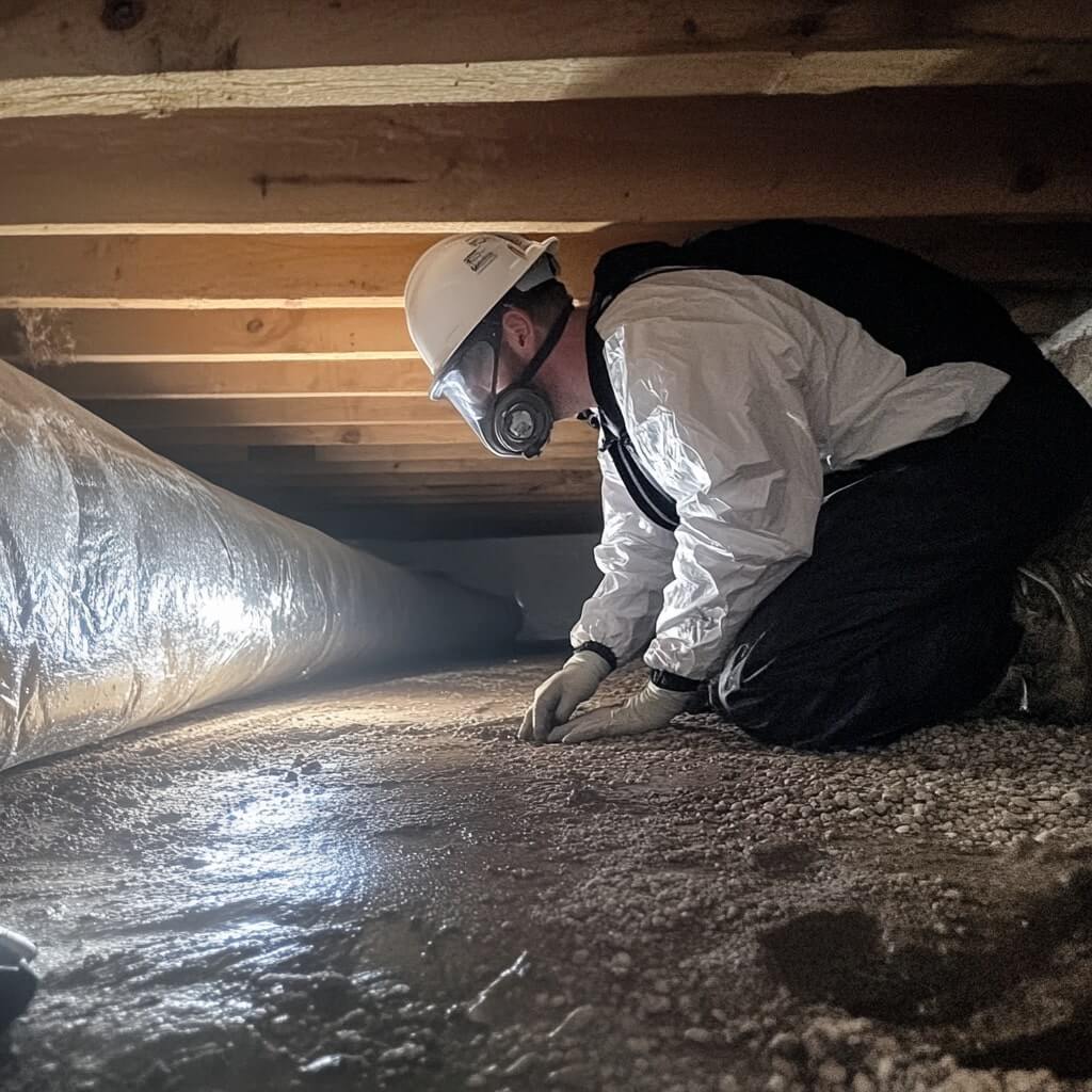 En person i skyddsutrustning och hjälm inspekterar undersidan av en struktur med en ficklampa, omgiven av träbalkar och ventilationskanaler, och genomför en besiktning av krypgrund.