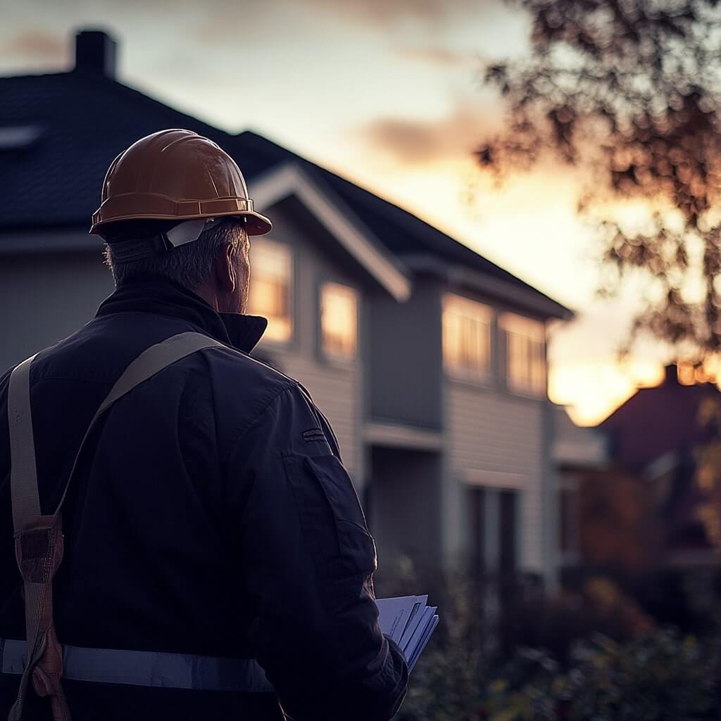 En byggnadsarbetare i en orange säkerhetsväst och hjälm granskar ritningar medan han står framför en byggnad under uppbyggnad.