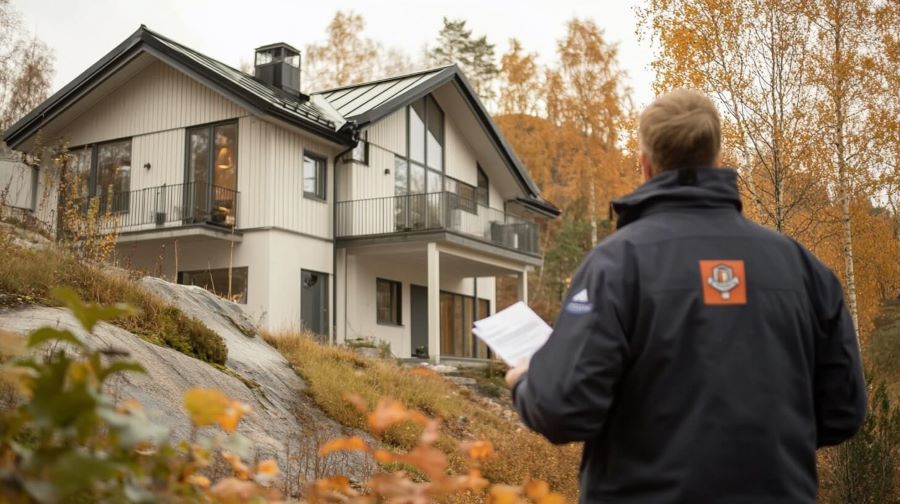 En byggnadsarbetare i en orange säkerhetsväst och hjälm granskar ritningar medan han står framför en byggnad under uppbyggnad.