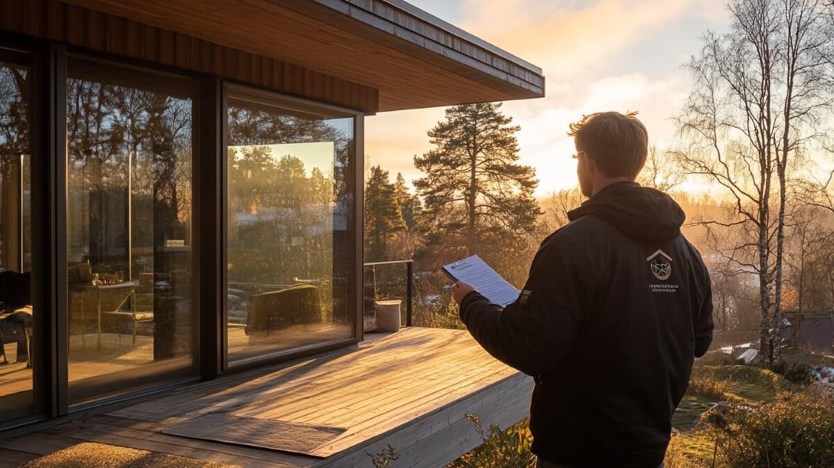 En urklipp med dokument och en penna vilar på ett träbord utomhus, med ett suddigt hus och trädgård i bakgrunden.