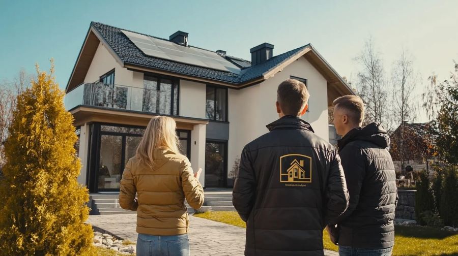 Tre personer i jacka står utanför och tittar på ett modernt tvåvåningshus med solpaneler på taket och pratar om en entreprenadbesiktning