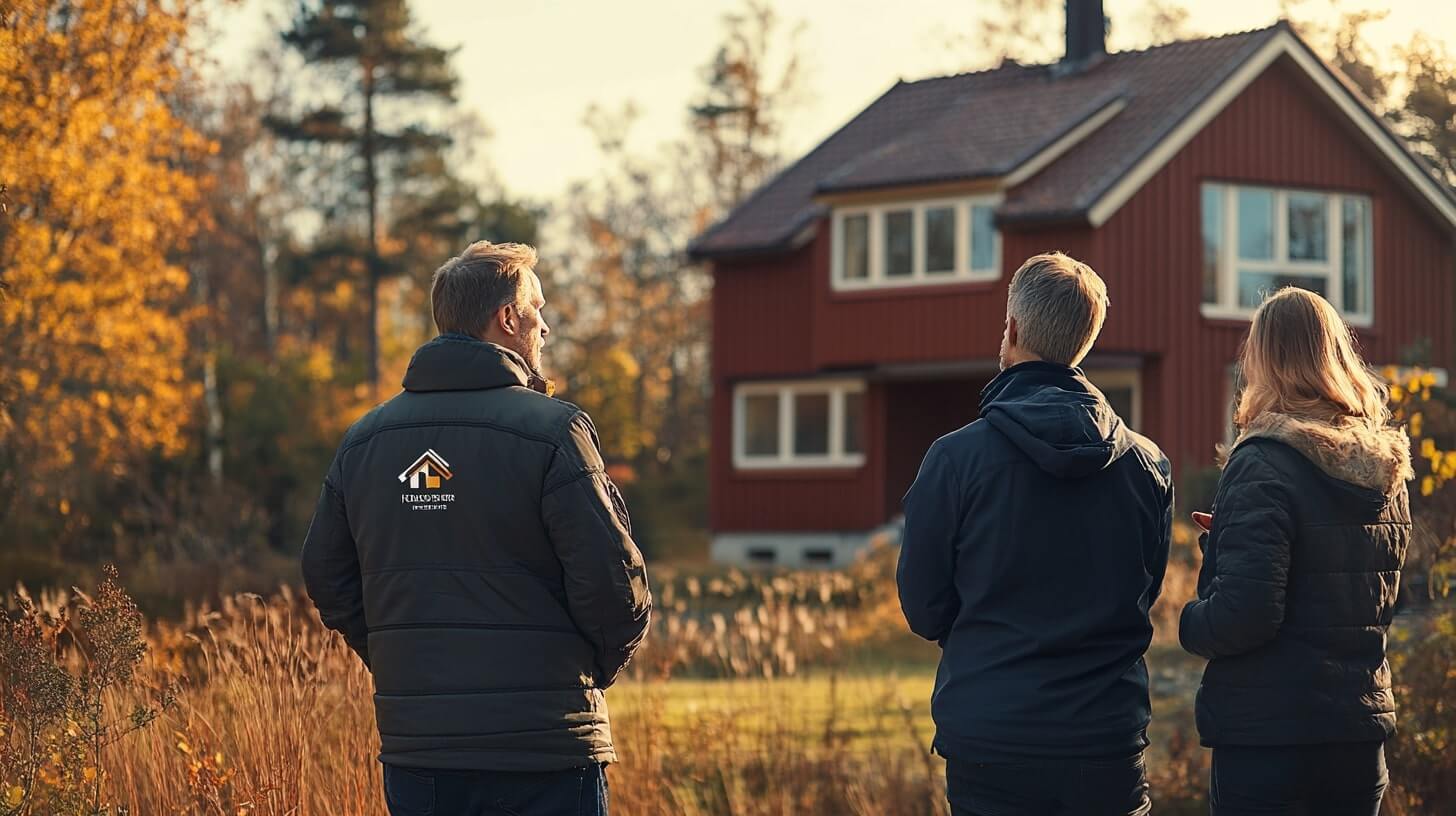 En person i en orange skjorta står nära ett trähus under uppbyggnad, omgiven av byggmaterial och verktyg, med träd synliga i bakgrunden.