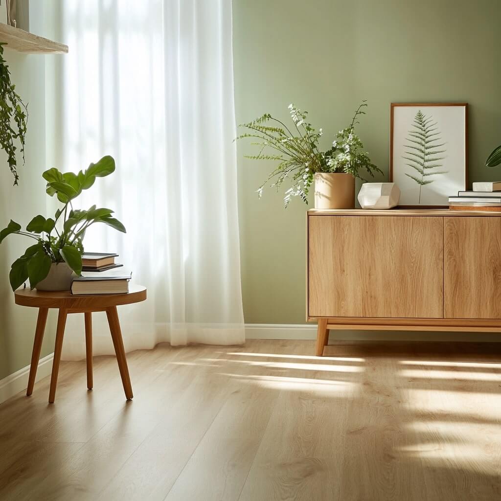 Ett minimalistiskt rum med ljusa trämöbler, inklusive ett sidobord med växter och böcker, och ett skåp med inramade konstverk. Solljus strömmar genom en skir vit gardin till vänster och skapar en inbjudande atmosfär perfekt för fridfulla besiktningar.