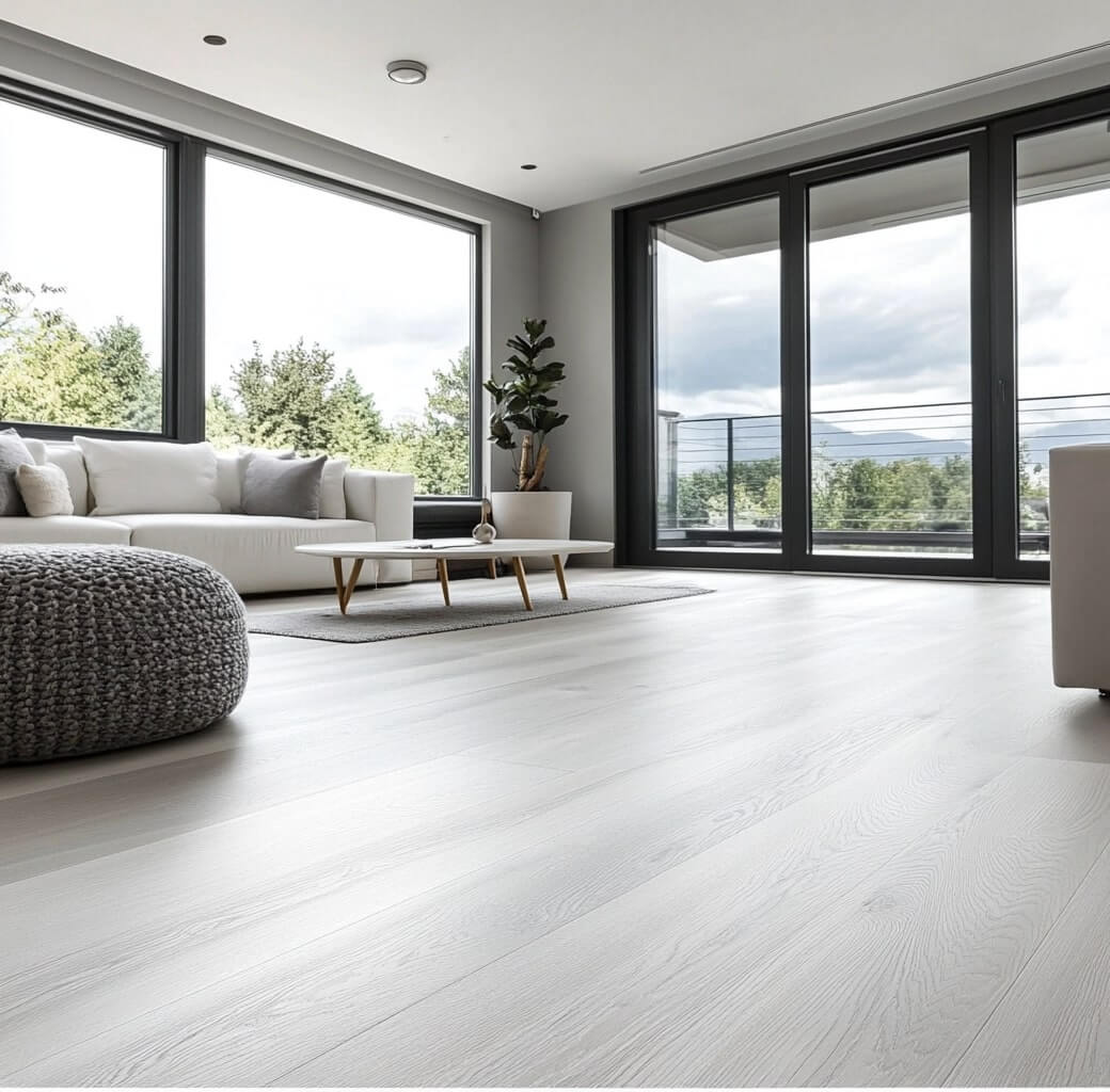 Modernt vardagsrum med en vit soffa, en rund ottoman och ett soffbord på ett ljust laminatgolv. Stora fönster och glasdörrar erbjuder en naturskön utomhusutsikt, 