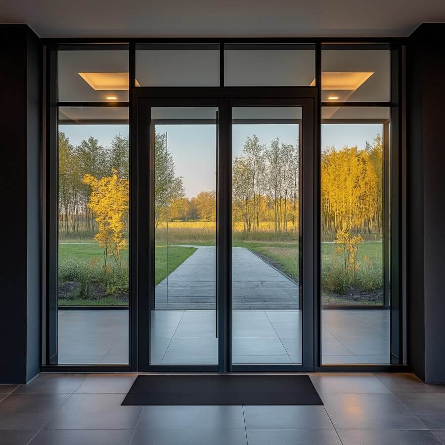 Dubbeldörrar i glas öppnar mot en asfalterad stig, med gulbladiga träd synliga utanför. Inomhus klinkergolv leder till entrén, perfekt för eventuell kommande Besiktning. Scenen ramas in av mörka väggar.