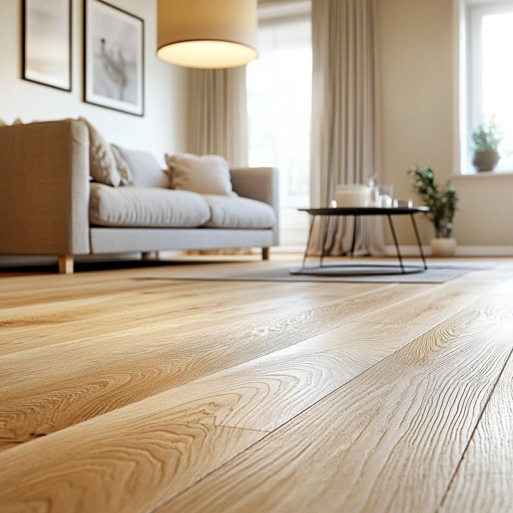 Ett vardagsrum med vinylgolv, en beige soffa, ett runt soffbord och inramad konst på väggen. Naturligt ljus filtreras genom ett stort fönster med gardiner.
