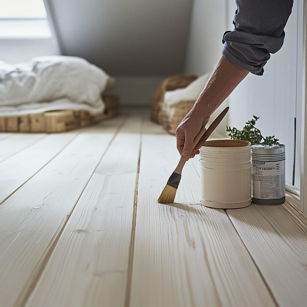 Person som applicerar lack på trägolvbrädor med en borste, bredvid en öppen behållare, i ett mjukt upplyst rum.