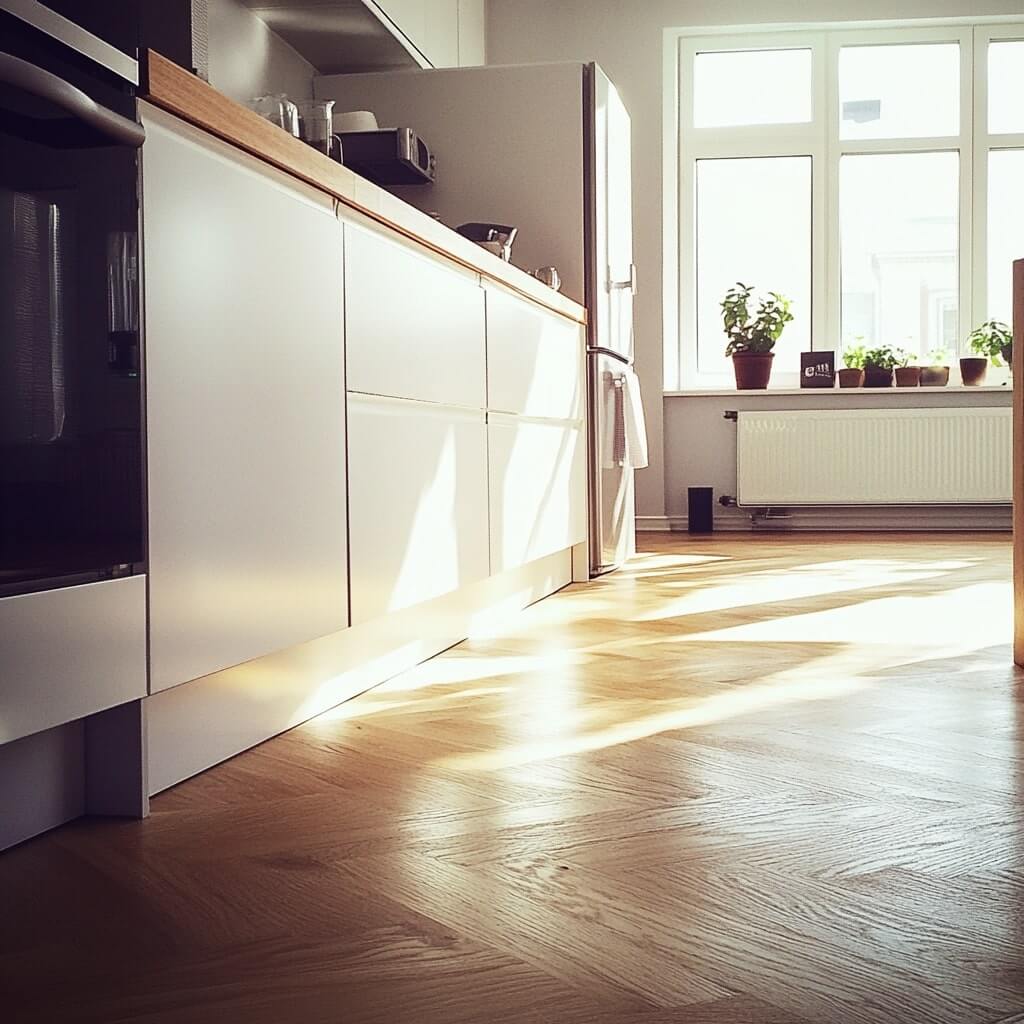 Ett modernt kök med vita skåp och trägolv av fiskbensvinyl, där solljuset strömmar genom ett stort fönster och lyser upp växterna i fönsterbrädan.