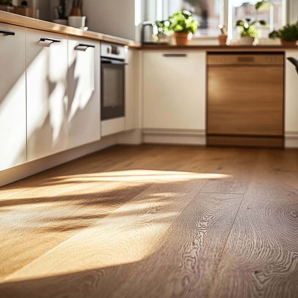 Solbelyst kök med vinylgolv, vita skåp, guldfärgad diskmaskin och krukväxter på bänkskivan.