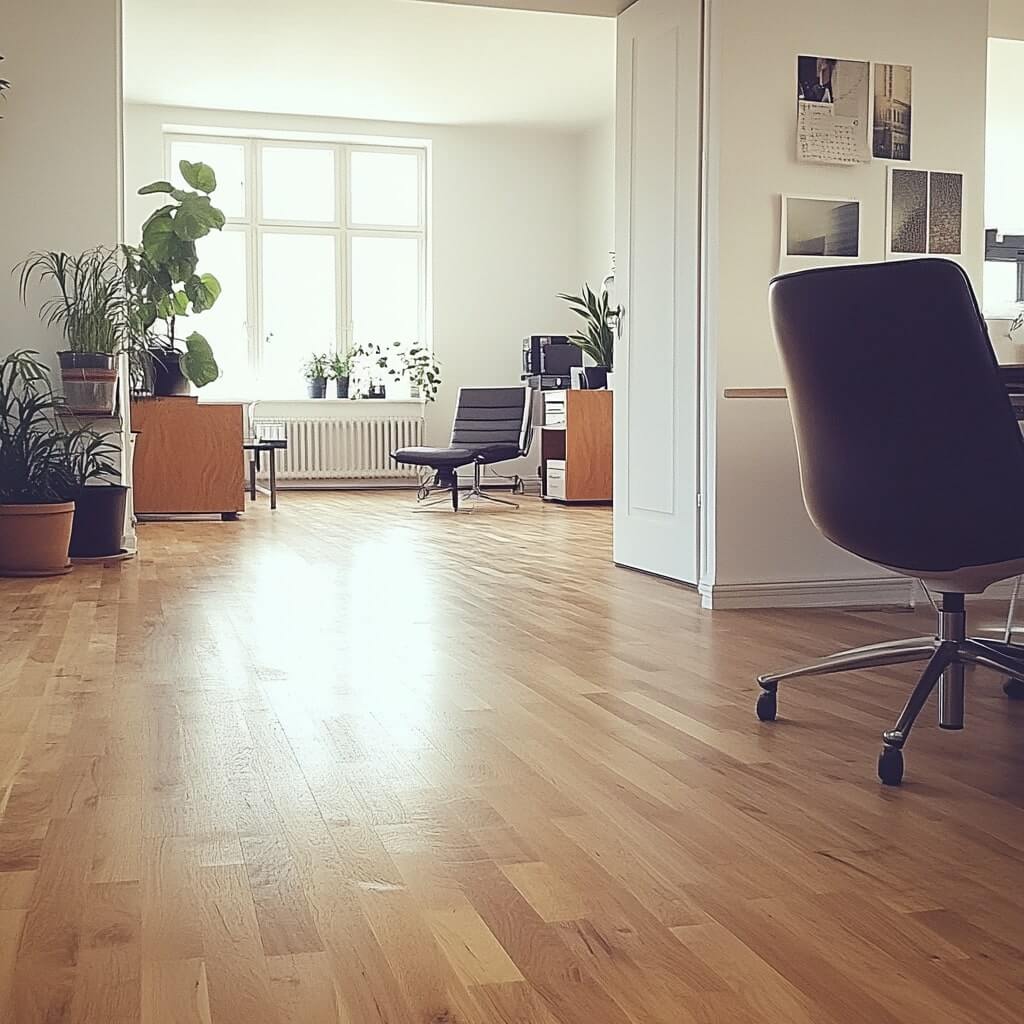 En person i en orange skjorta står nära ett trähus under uppbyggnad, omgiven av byggmaterial och verktyg, med träd synliga i bakgrunden.