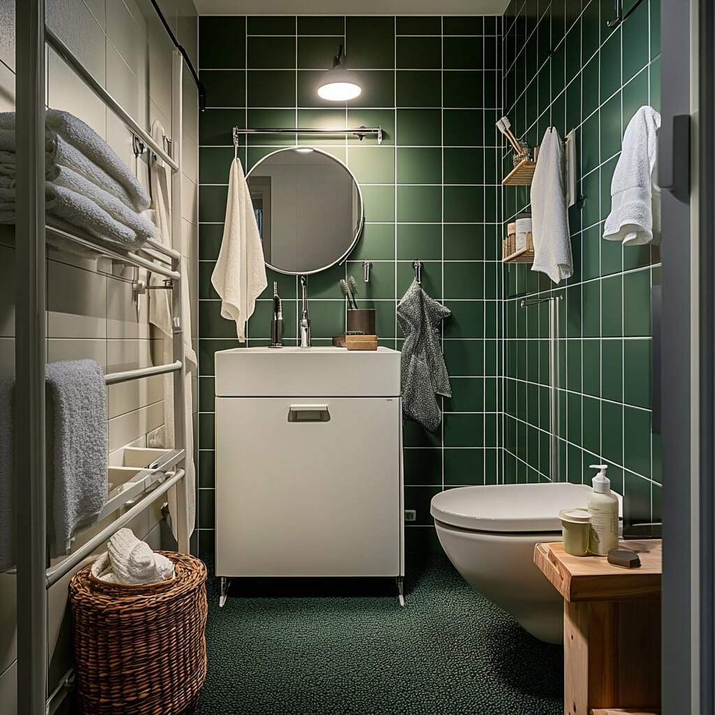 Ett mysigt badrum med gröna kaklade väggar, ett vitt handfat med en rund spegel och en toalett. Det finns en handdukshängare, flätad korg och en trähylla med toalettartiklar.