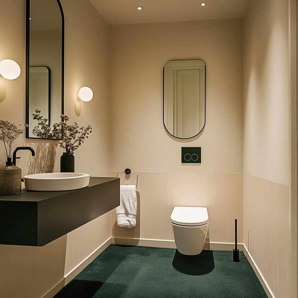 Ett modernt badrum med beiga väggar, en rund spegel ovanför ett svart handfat och en vägghängd WC. Två vägglampor kastar ett varmt sken på utrymmet, som har en vas med blommor på bänken. Atmosfären förhöjs av plyschstrukturen på heltäckningsmattorn under fötterna.