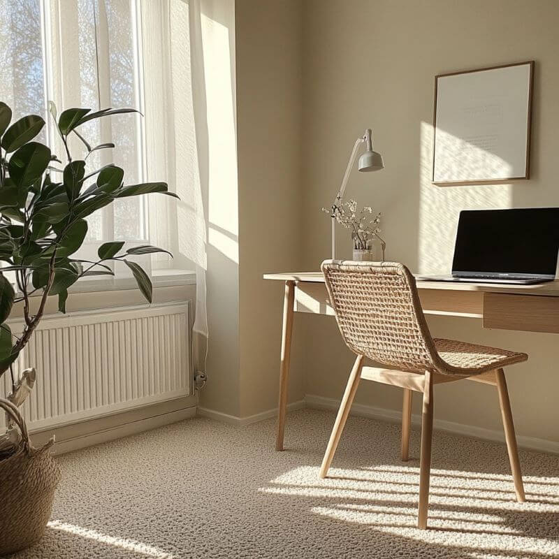 Ett solbelyst kontor har ett skrivbord och en stol i trä, en bärbar dator, en krukväxt och skira gardiner som ramar in fönstret. Rummets värme förstärks av mjuk heltäckningsmatta under dina fötter. En inramad bild pryder väggen eftertänksamt och skapar en inbjudande och produktiv arbetsyta.
