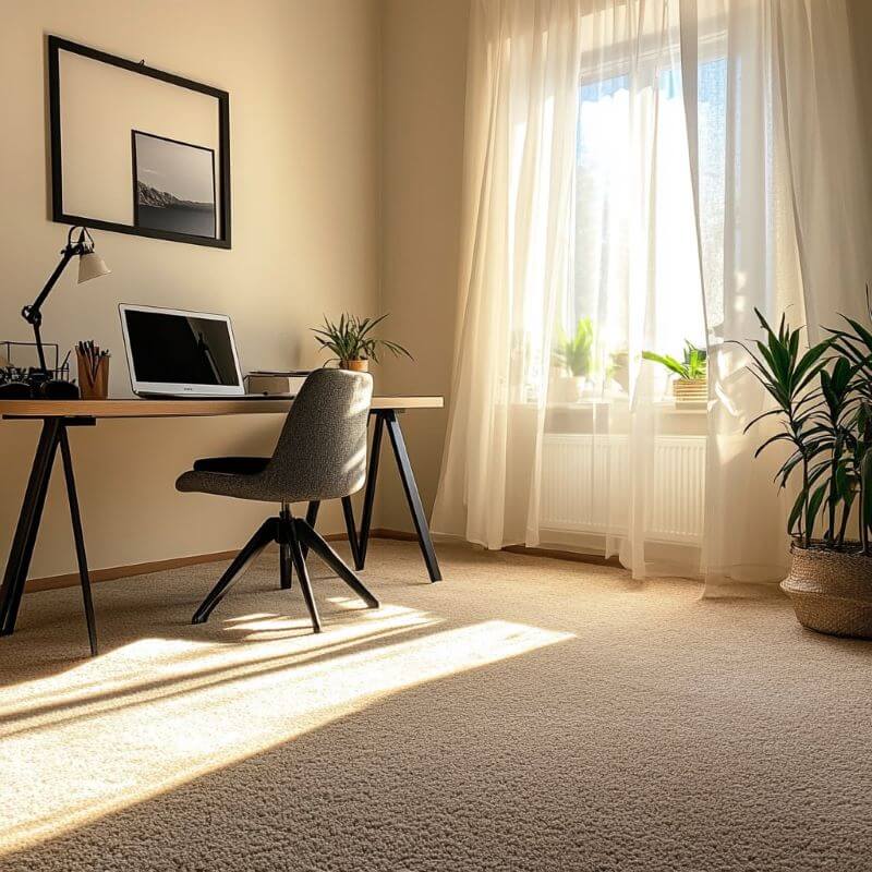 Ett solbelyst kontor med ett elegant skrivbord, laptop, stol och frodiga växter. Ett fönster prydt med skira gardiner badar den beige heltäckningsmattan i varmt ljus.