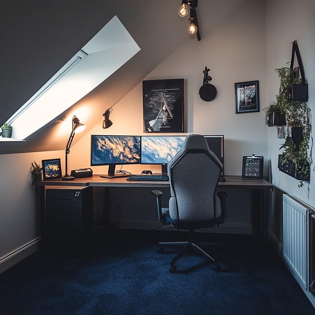 Ett modernt kontor hemmakontor har ett hörnskrivbord, dubbla bildskärmar, en grå kontorsstol på en mjuk heltäckningsmatta och väggväxter som frodas under ett takfönster.
