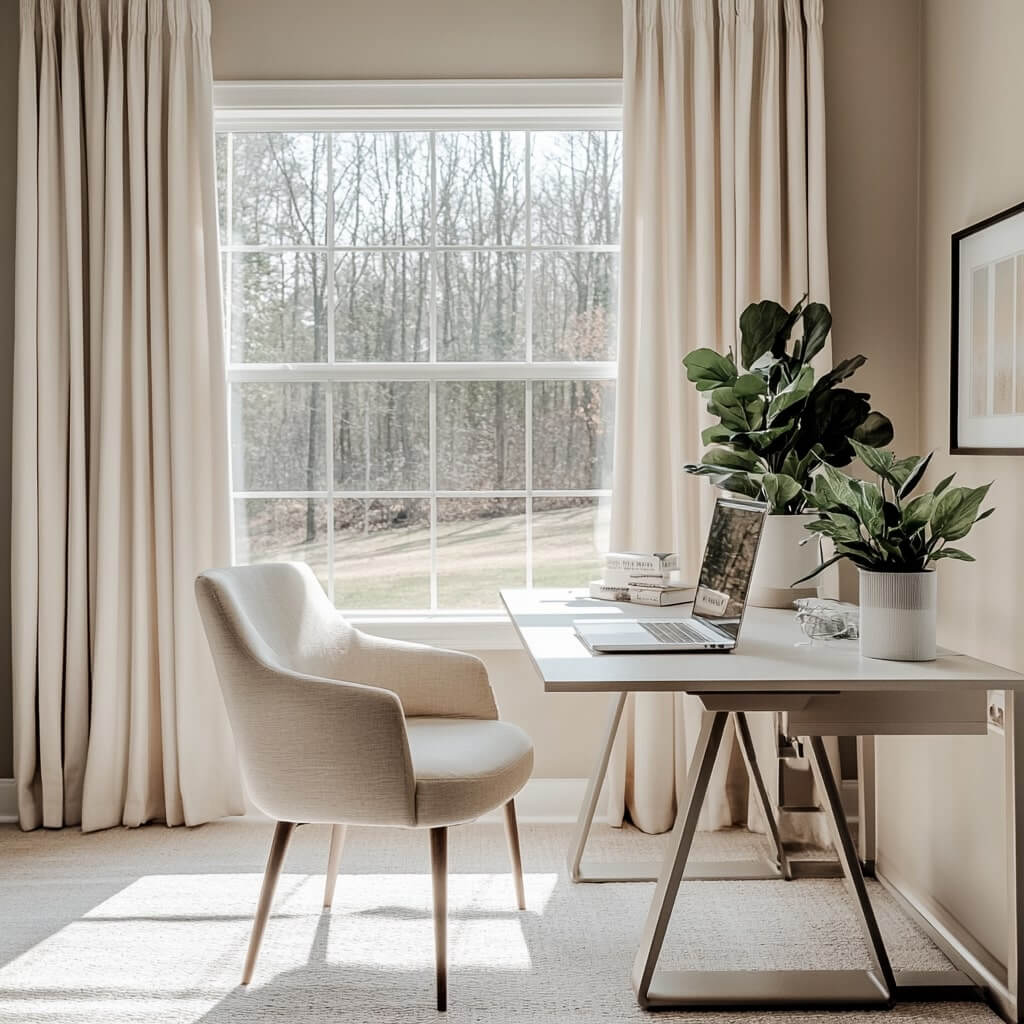 Ett minimalistiskt kontor med vitt skrivbord, beige stol, laptop och växt accentueras av en mjuk heltäckningsmatta under fötterna. Stora fönster med beiga gardiner låter naturligt ljus fylla rummet, medan bakgrunden avslöjar kala träd.