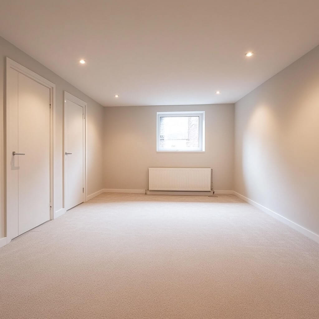 Ett tomt källarrum med beige heltäckningsmatta, ljusgrå väggar och infällda taklampor. Två stängda vita dörrar är till vänster och ett fönster med en radiator under pryder bakväggen.