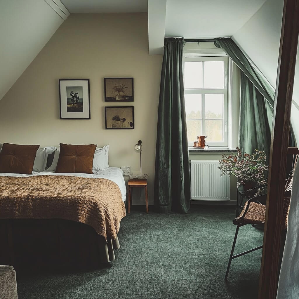 Ett mysigt sovrum med dubbelsäng, gröna gardiner och ett litet sidobord vid fönstret. Den mjuka heltäckningsmattan tillför värme under fötterna, medan konstverk pryder väggarna och en växt vilar på en stol.