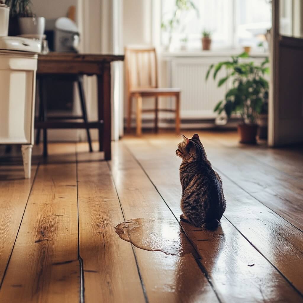 En  katt sitter på trägolvet bredvid en pöl av kattkiss, vänd mot ett fönster med växter i bakgrunden.