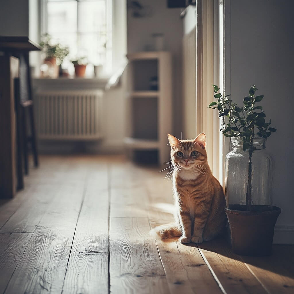 En katt sitter på Trägolvet bredvid en krukväxt i ett mjukt upplyst rum