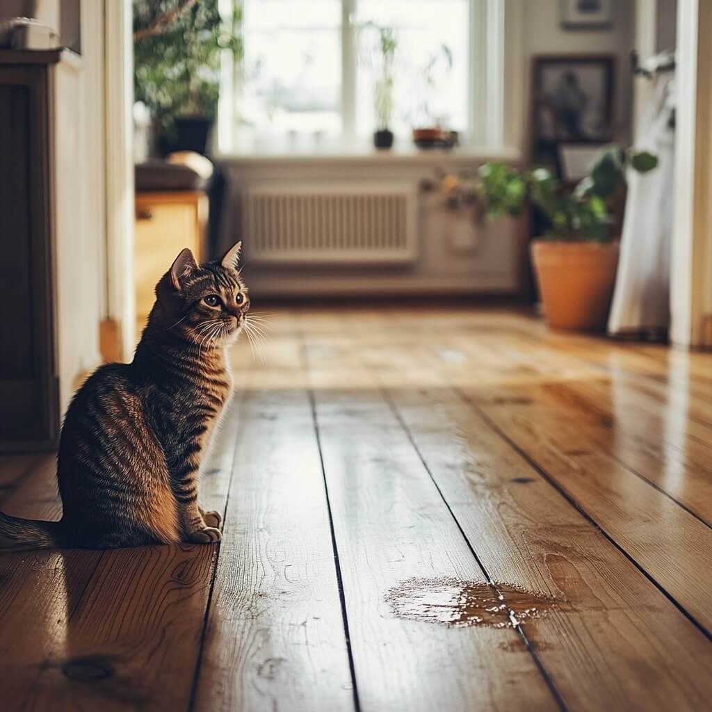 En tabby katt sitter på trägolvet och stirrar mot fönstret. Solljus framhäver en liten blöt fläck av kattkiss på golvet.