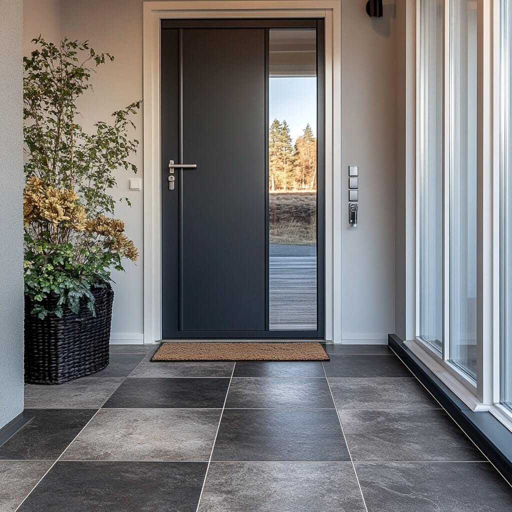Modern entré med mörkgrå dörr, stora glasfönster, krukväxt och rutigt grått granitkeramik klinkergolv. Brun dörrmatta framför dörren. Skog synlig genom fönster.