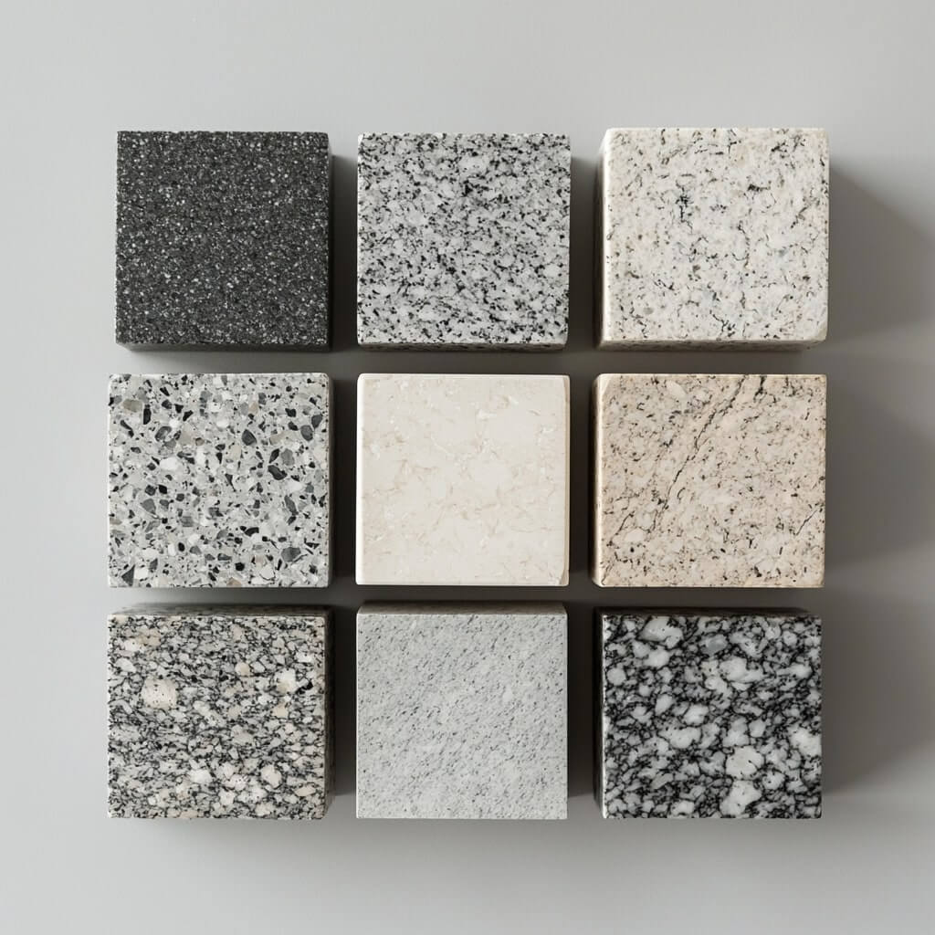 Nio fyrkantiga plattor av granitkeramik, arrangerade i ett 3x3 rutnät, med olika nyanser och mönster av svart, grått och vitt