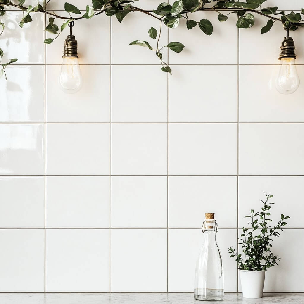 En vit kakelvägg har två hängande glödlampor, med en vinstock som vävs längs toppen. Nedanför vilar en glasflaska och en liten krukväxt på en orörd Kakel-yta.