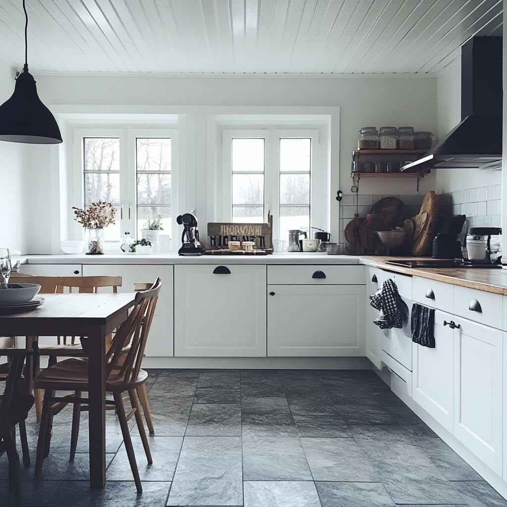 Ett minimalistiskt kök har vita skåp, bänkskivor i trä och ett keramiskt klinkergolv. Till vänster finns ett matbord i trä med stolar, perfekt för sammankomster