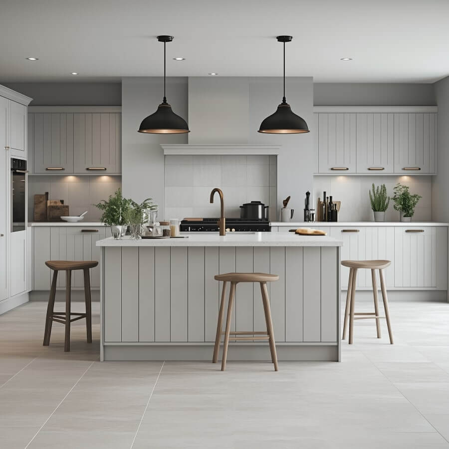 Modernt kök med ljusgrå skåp, central ö med tre träpallar, svarta taklampor och minimalistisk inredning. Det eleganta golvet är utsmyckat med snygga klinkers som perfekt kompletterar den övergripande designen.