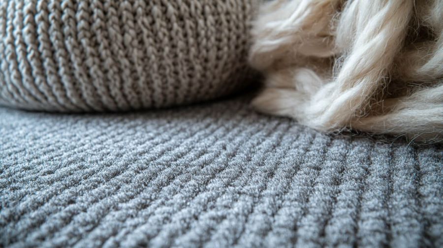 Närbild av grått stickat tyg med strukturmönster, med ett fluffigt yllematerial till höger, som påminner om mjukheten i högkvalitativ heltäckningsmattor.