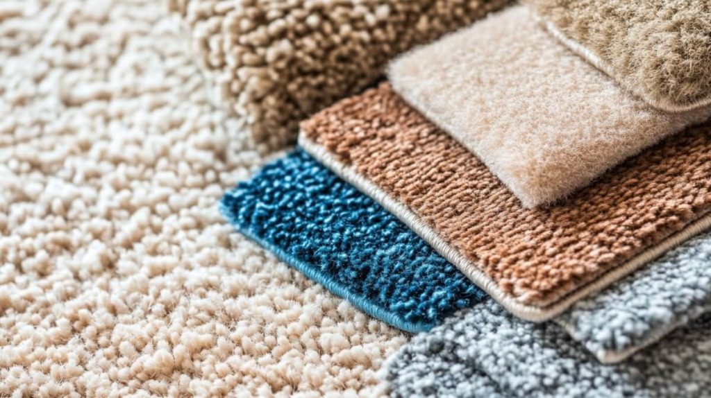 En närbild av olika mattprover i olika texturer och färger för material av heltäckningsmattor