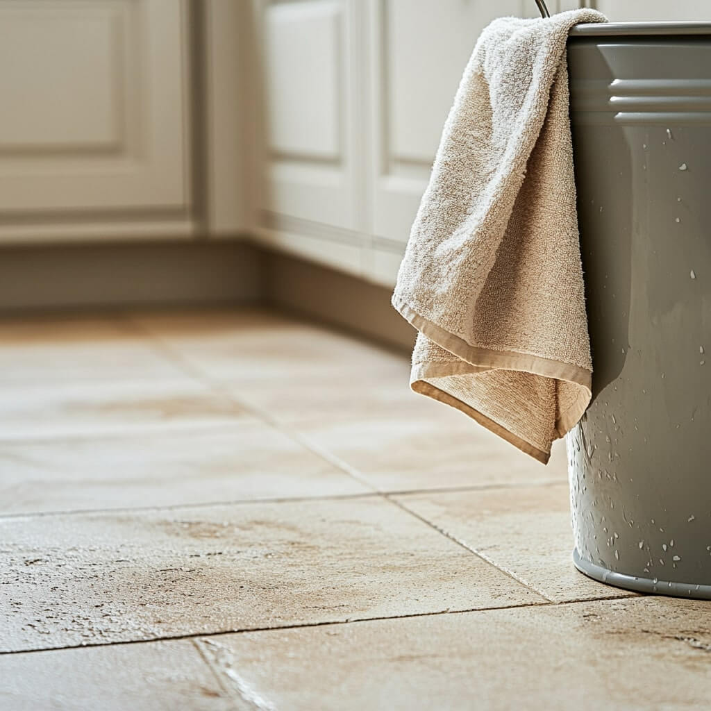En grå hink med en beige duk draperad över är redo att användas på det kaklade köksgolvet, perfekt för att rengöra klinker effektivt och effektivt.